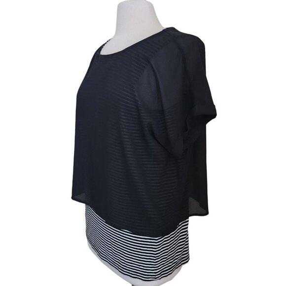 Chico's Layered Blouse Women Size 1 M 8 Black White Stripe Black Chiffon Sheer - Picture 2 of 10